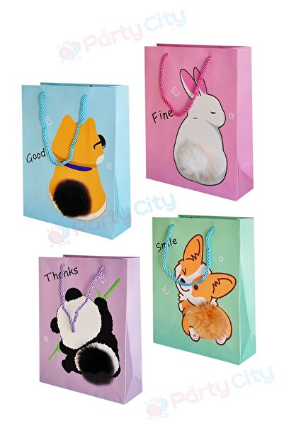 Party City 4’lü Sevimli Hayvan Figürlü Hediye Çantası – 18x24 cm | Ponpon Detaylı Özel Tasarım
