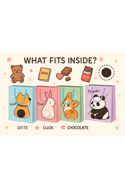 Party City 4’lü Sevimli Hayvan Figürlü Hediye Çantası – 18x24 cm | Ponpon Detaylı Özel Tasarım