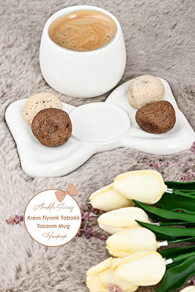 Anadolu Saray El Yapımı Seramik Krem Fiyonk Tabaklı Tasarım Mug Kupa Fincan | Handmade Mug Fincan Kahve Kupası