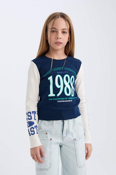 DeFacto Girls' Crop Crew Neck Printed Ribbed Camisole Long Sleeve T-Shirt D3433A824Wn