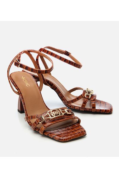 Hotiç Sandale cu toc din piele maronie cu model crocodil