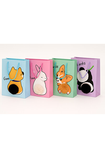 Party City 4’lü Sevimli Hayvan Figürlü Hediye Çantası – 18x24 cm | Ponpon Detaylı Özel Tasarım