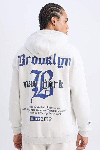 DeFacto DeFactoFit NBA Brooklyn Nets Comfort Fit Hanorac cu glugă cu spate gros imprimat D3222AX