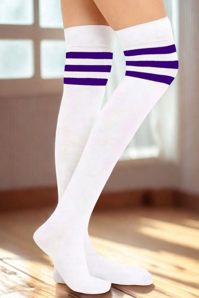 KARDEŞLER ÇORAP White Knee High Cotton Socks with Purple Stripes