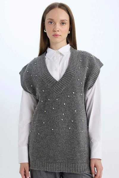 DeFacto Relax Fit V-Ausschnitt Stone Pullover D7512AX24WN