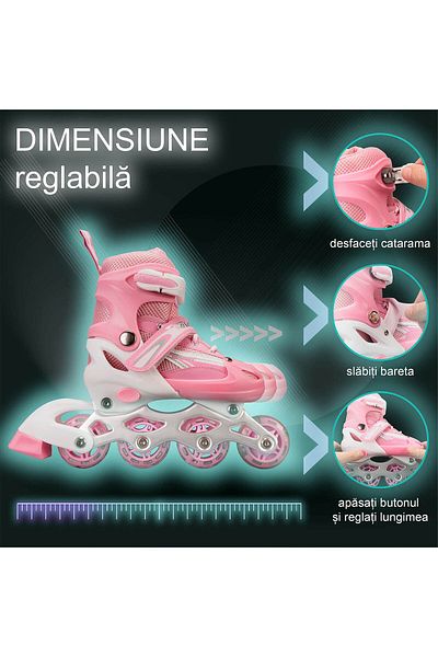 ACTION ONE Role reglabile Junior, roti luminoase, marimea S (31-34), roz