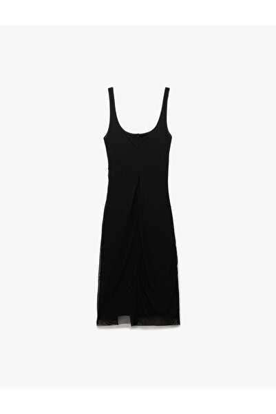 Koton Astarlı Drape Detaylı Slim Fit Kare Yaka Askılı Midi Elbise