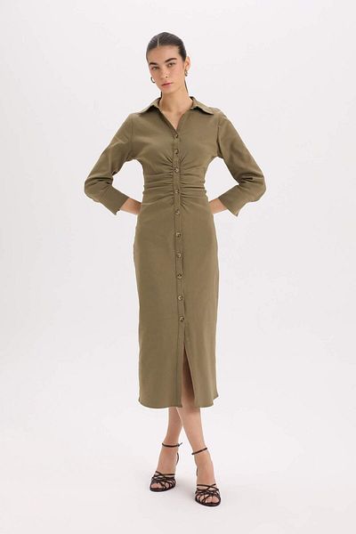 DeFacto Cămașă Guler de bază Solid Buttoned Gathered Bengalin Rochie cu jumătate de mânecă D4560AX24AU