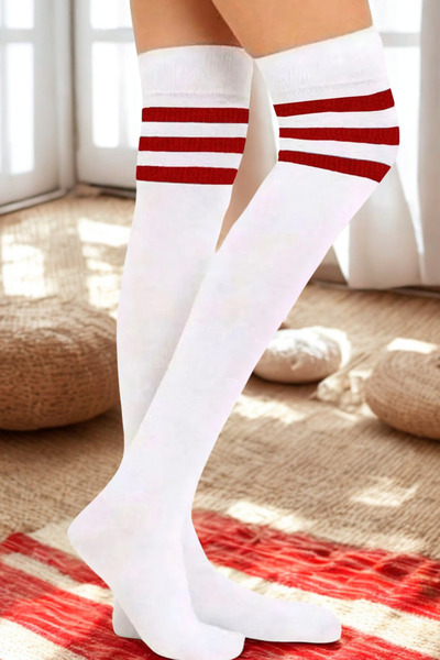 KARDEŞLER ÇORAP Red Striped White Knee High Cotton Socks