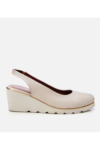 Hotiç Women's Leather Ecru Buckle Wedge Heeled Shoes
