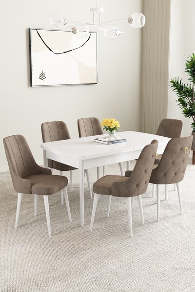 asaella mobilya Mabel Beyaz 80x132 Açılabilir Mdf Masa Yemek Odası Takımı, Mu...