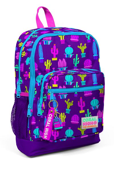 Coral High Rucsac de școală cu model cactus roz violet 23108