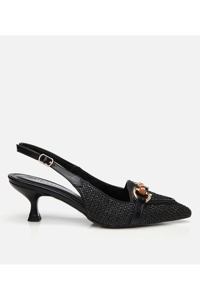 Hotiç Women's Black Straw Detailed Open Back Heeled Shoes