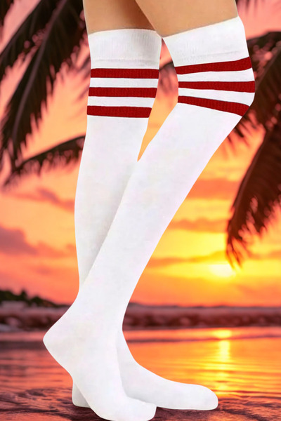 KARDEŞLER ÇORAP Red Striped White Knee High Cotton Socks
