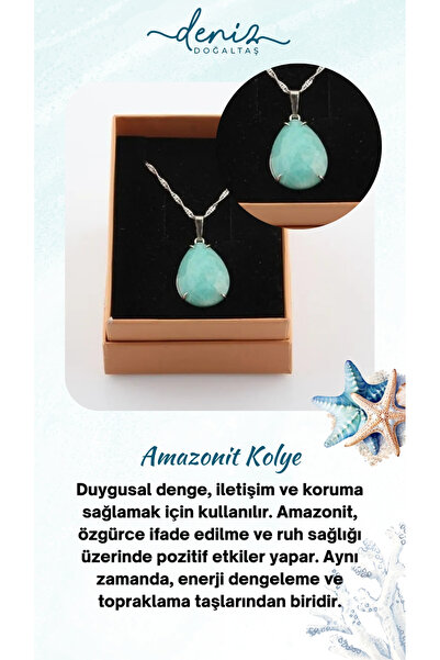 Deniz Doğal Taş Sertifikalı Amazonit Kolye Ucu (GÜMÜŞ ZİNCİR HEDİYE) Pirinç Ç...