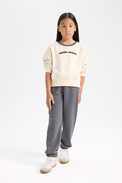 DeFacto Set de 2 piese pentru fete, hanorac imprimat cu decolteu, pantaloni de sport cu talie elastică D0727A824AU