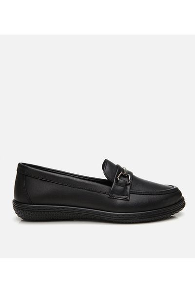 Hotiç Women's Leather Black Buckle Casual Loafer