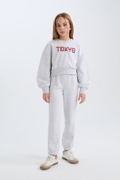 DeFacto Set de 2 piese pentru fete, hanorac imprimat, pantaloni de sport pentru jogger cu talie elastică D4867A824WN