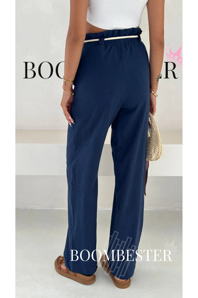 BoomBester Women's Crinkle Fabric Wide Leg Relaxed Fit Palazzo Pants with Rope Belt Elastic Waist