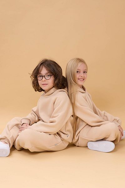 Perendi Unisex Children's Suit Beige with Raglan Sleeves and Hooded Fleece Inside