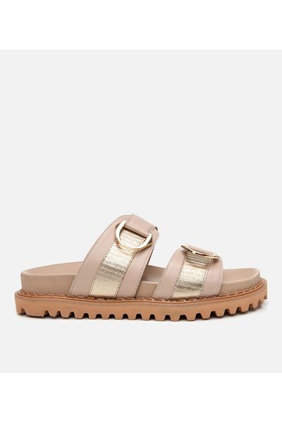Hotiç Women's Leather Beige Buckle Flat Slippers