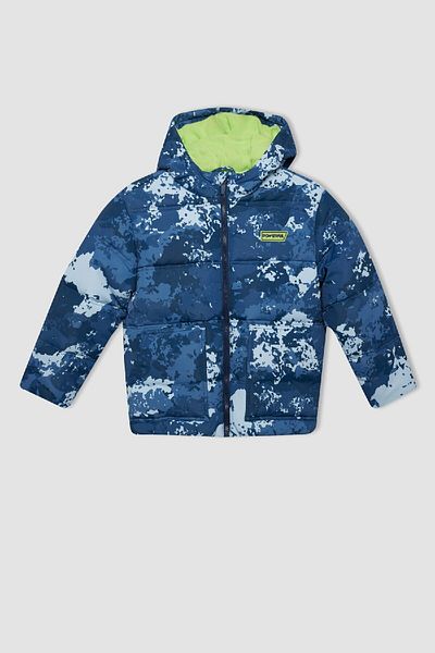DeFacto Boy's Water Repellent Hooded Patterned Zipper Pocket Fleece-Lined down Jacket C5976A824Wn
