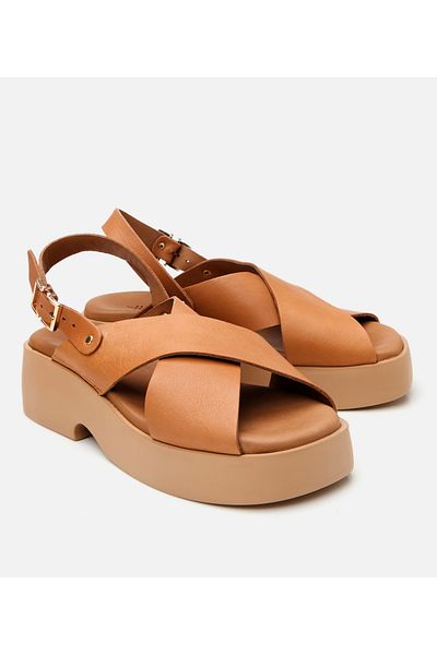Hotiç Women's Leather Tan Belted Wedge Heeled Sandals