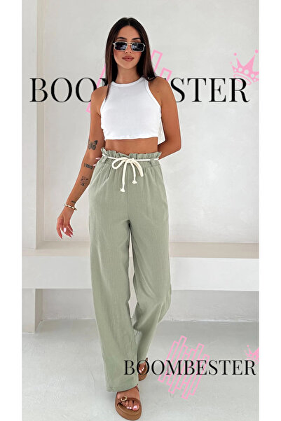 BoomBester Women's Crinkle Fabric Wide Leg Relaxed Fit Palazzo Pants with Rope Belt Elastic Waist