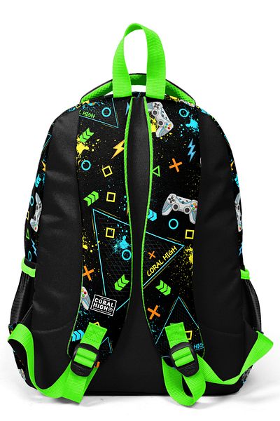 Coral High Rucsac de școală cu trei compartimente pentru copii, negru, verde evidențiat, 23654
