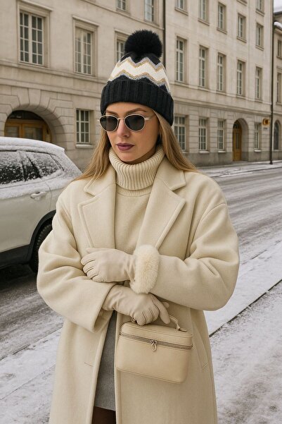 Axesoire 14680 Ponponlu Zigzag Desenli Siyah Gri Bere