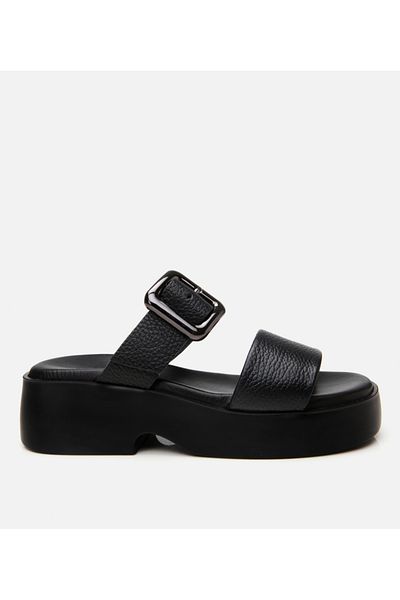 Hotiç Women's Leather Black Belted Heeled Slippers