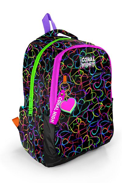Coral High Rucsac de școală cu trei compartimente, cu model de inimă multicoloră pentru copii 23670