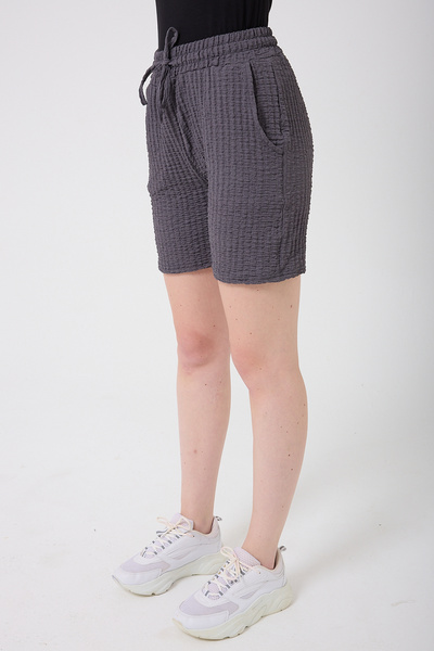 BANEGA Women's Elastic Waist Wrinkle Fabric Cotton Pocket Gray Shorts