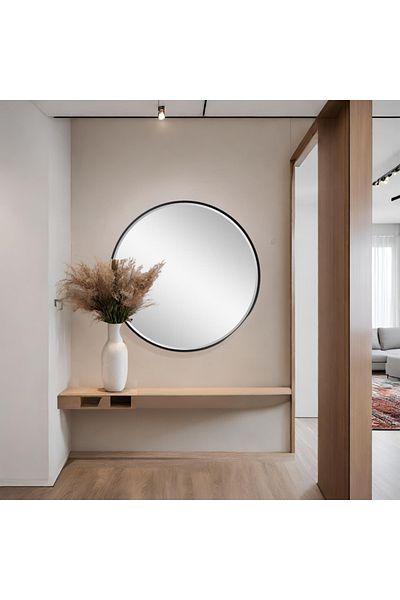 Al Saada Home Shatterproof Wall Mirror, Circular Black Frame, 80×80 cm