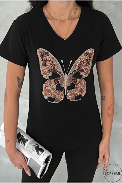 Cassime Women's Black Butterfly Embroidery Sequin Embroidered 100% Cotton V-Neck T-Shirt S-M-L