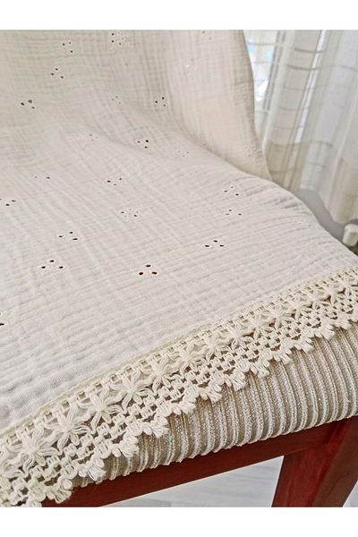 Mufincollection Cream Color 100% Cotton - Embroidered Muslin Shoulder Shawl – 55X140 cm