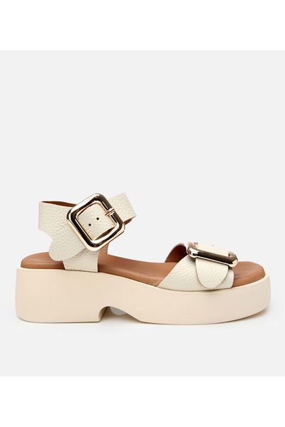 Hotiç Women's Leather Beige Belted Wedge Heeled Sandals