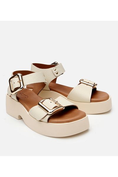 Hotiç Women's Leather Beige Belted Wedge Heeled Sandals