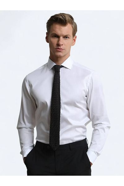 Kip White Plain Regular Fit Woven Classic 100% Cotton Shirt
