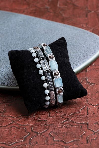 Saff Doğal Taş Certified Aquamarine & Hematite & Silver Apparatus Set Bracelet