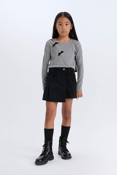 DeFacto Girls Slim Fit Slim Fit Crew Neck Bow Tie Ribbed Camisole Long Sleeve T-Shirt D5456A824Wn
