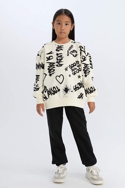 DeFacto Girls' 2-Piece Set Patterned Crew Neck Sweatshirt and Elastic Waist Sweatpants D4871A824Wn