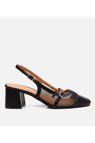 Hotiç Women's Leather Black Mesh Open Back Heeled Shoes