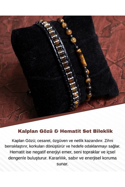 Saff Doğal Taş Certified Kalplan Eye & Hematite Set Bracelet