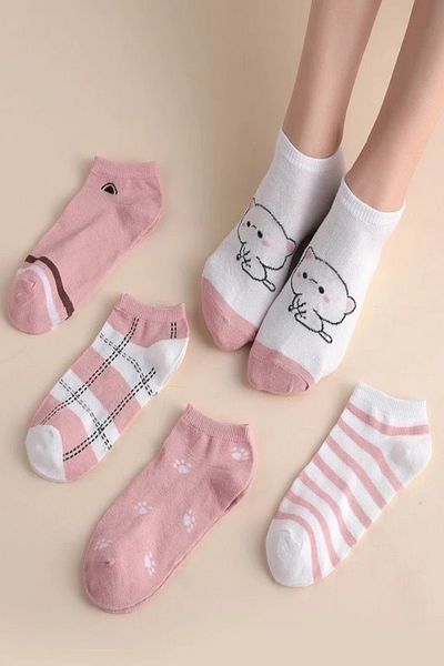 Esinti 5 Pairs Women's Ankle Length Summer Booties Socks – Cotton, Seamless Toe, Kitten Patterned Socks Set