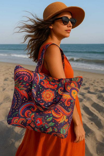 MER HOME Ethnic Shawl Patterned Zippered Lined Beach Bag Daily Shoulder Bag