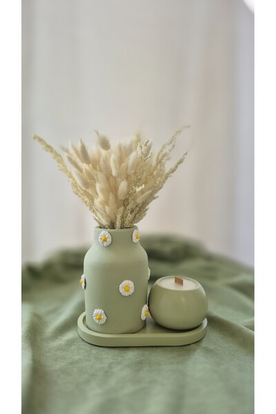 NVOs Candle Papatya Detaylı Dekoratif Beton Vazo Set (SOFT YEŞİL)