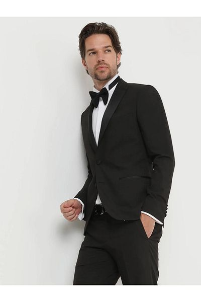 Kip Μαύρο μοτίβο Slim Fit Διπλό Πέτο Υφαντό Σμόκιν Κοστούμι