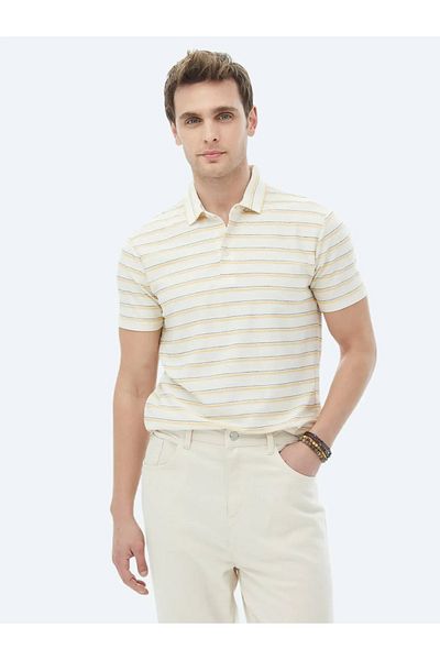Kip Tricou din amestec de bumbac cu guler polo cu dungi ecru