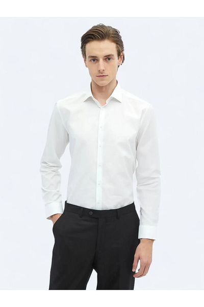 Kip White Plain Regular Fit Woven Classic 100% Cotton Shirt